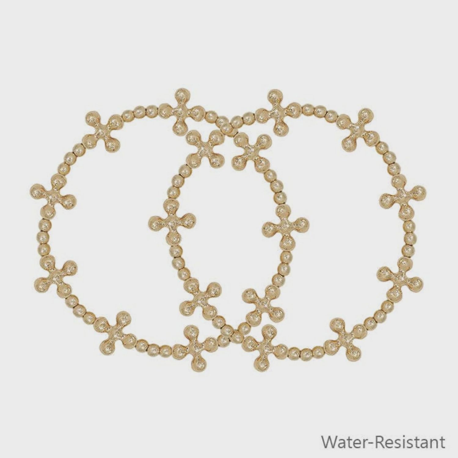 Water-Resistant Gold Beaded Cross Shape Stretch Bracelets | Set of 2