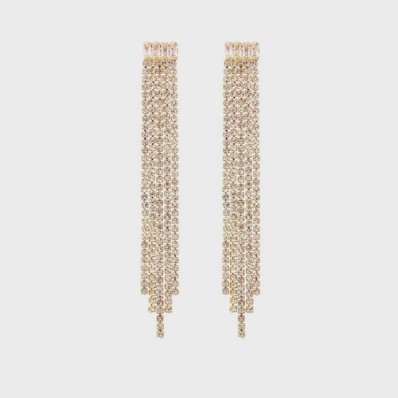 Gold Rhinestone Fringe Tassel Earrings