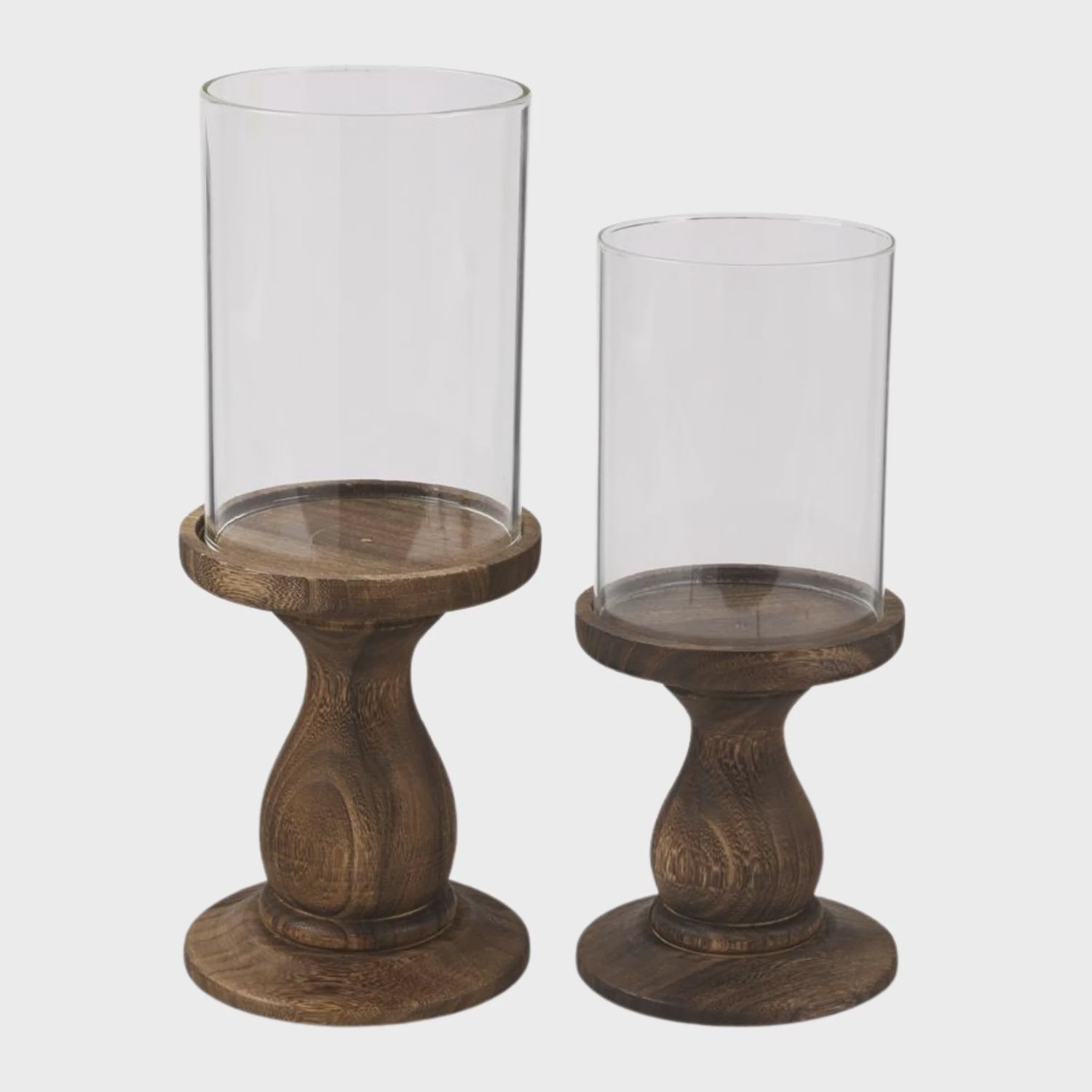 Glass Cylinders With Wood Pedestal Candleholders | 2 Sizes