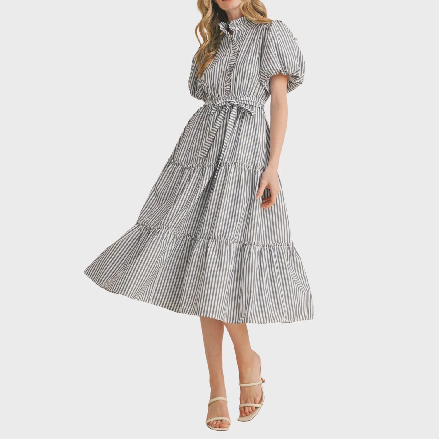 Striped Ruffled Button Down Midi Dress