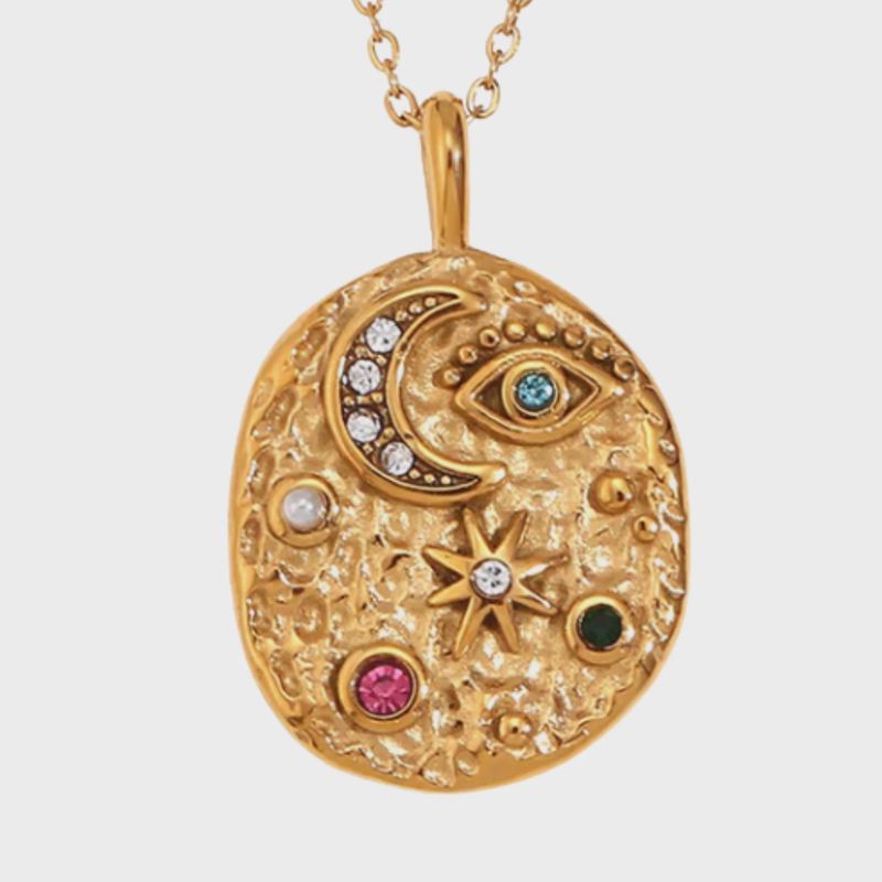Confetti Coin Necklace – Evil Eye, Moon &amp; Stars, 14K Gold Stainless Steel