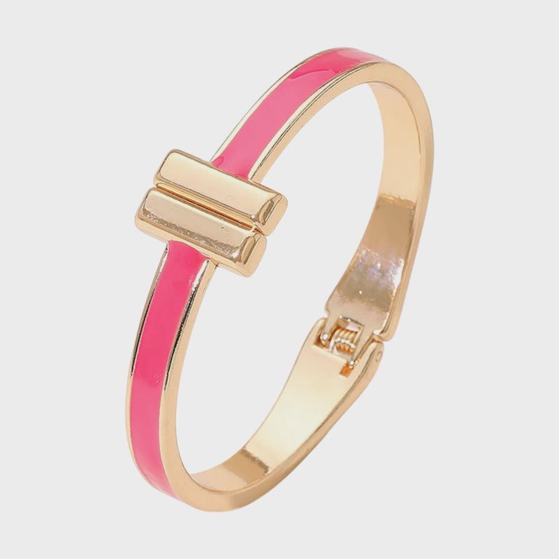 Fuchsia Enamel Metal Bar Hinged Bangle Bracelet