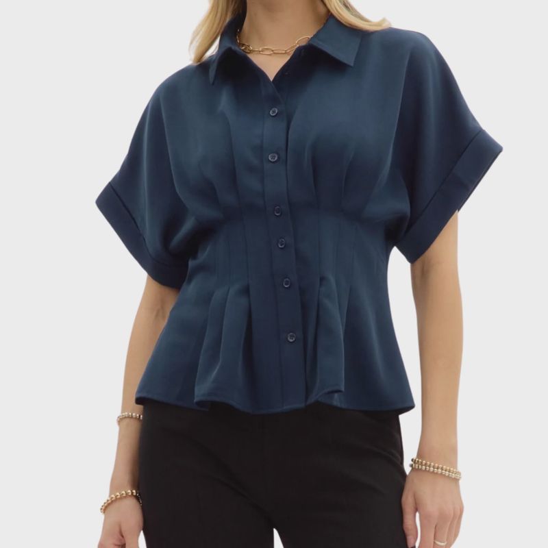 Pleated Roll-Sleeve Top | Navy