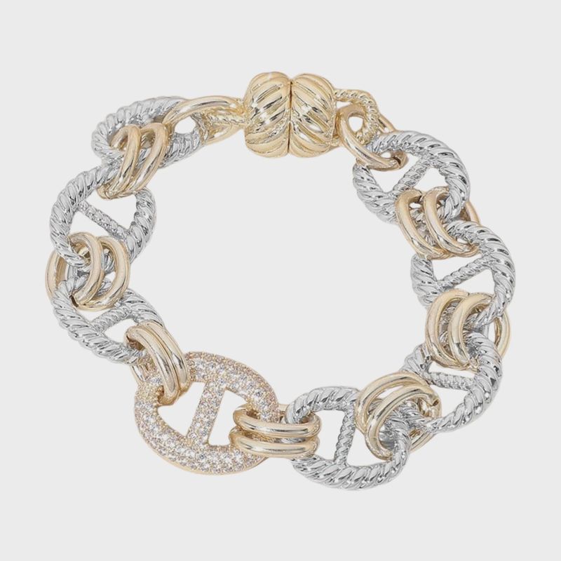 CZ Paved Two-Tone Magnetic Link Bracelet