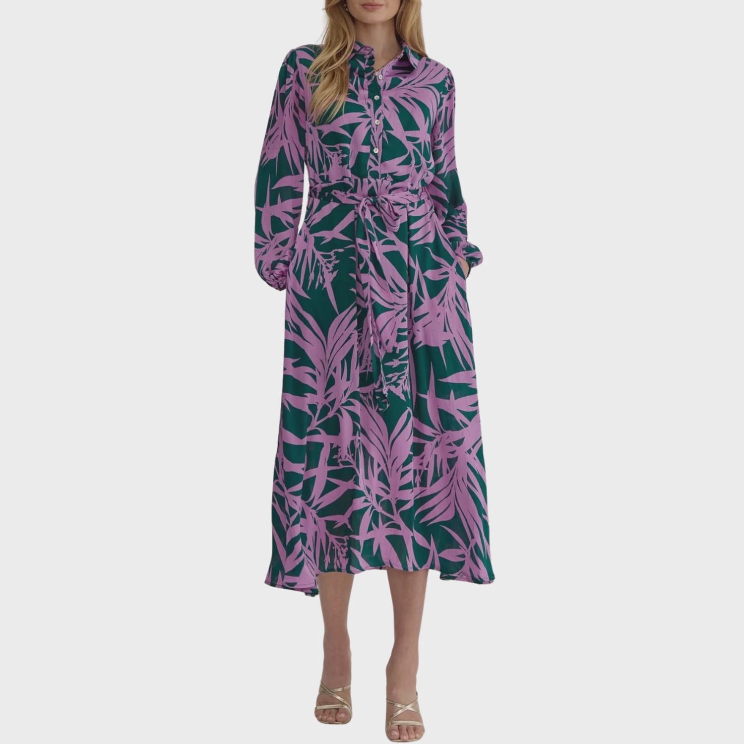 Leaf Print Button-Up Midi Dress