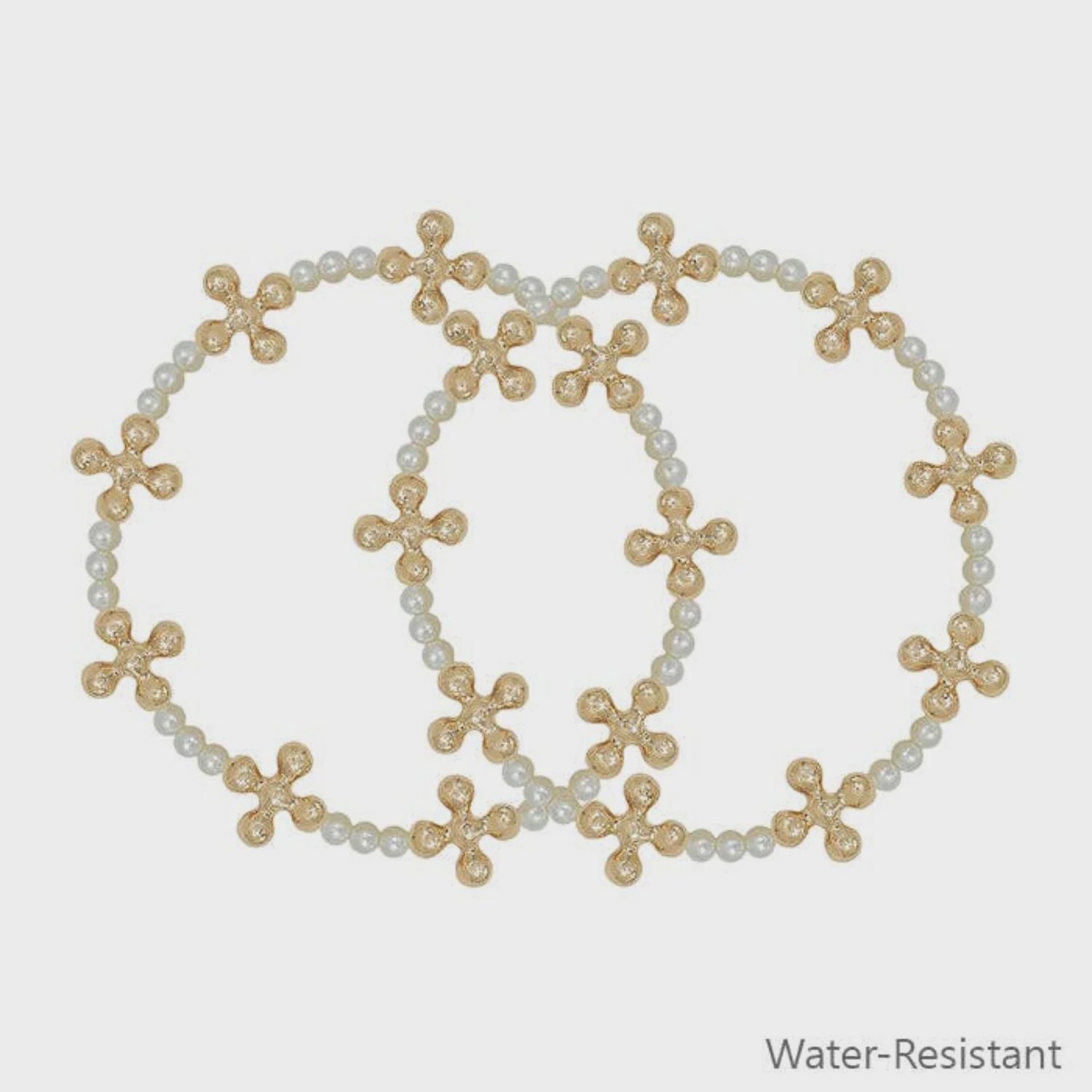 Water-Resistant Gold Beaded Cross Stretch Bracelet Set With Pearls | Set of 2