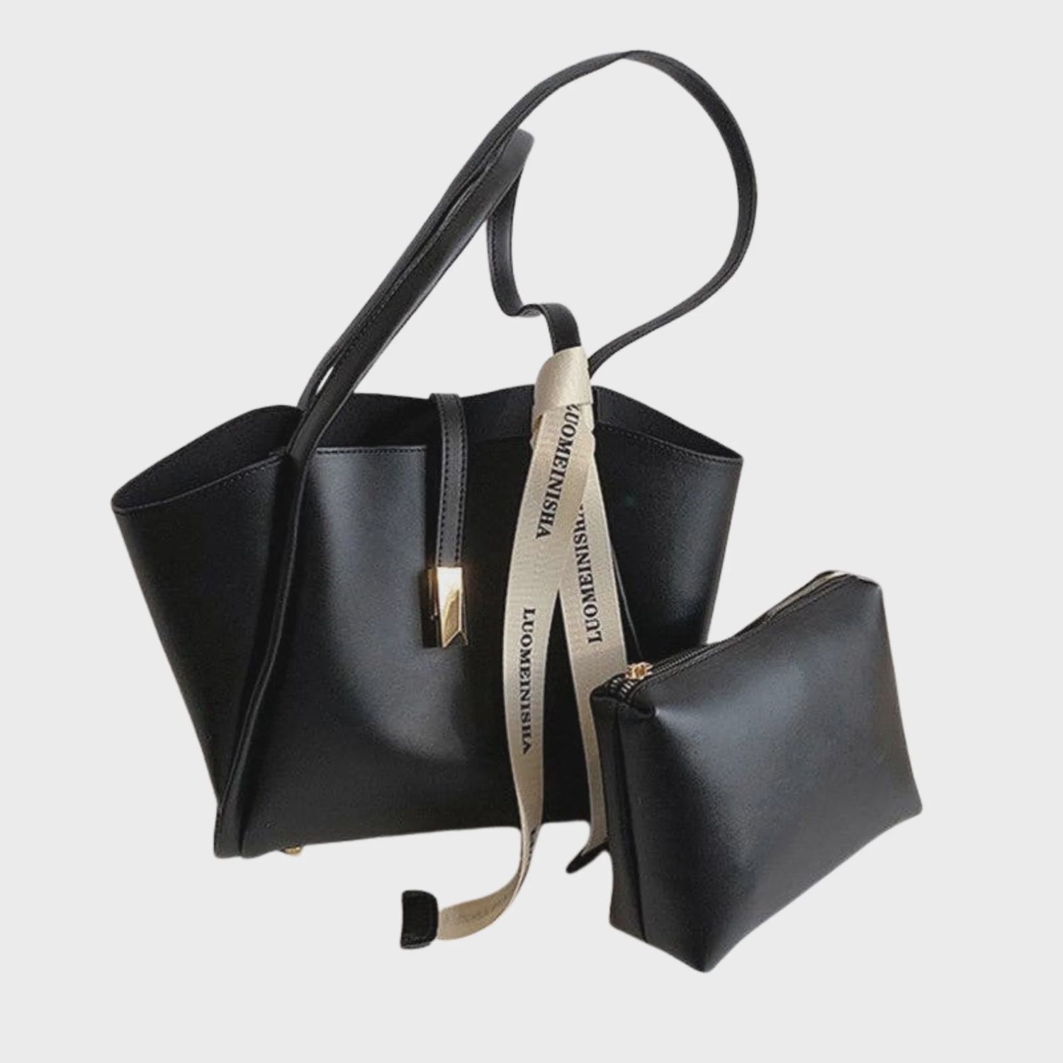 Casual Solid Color Handbag with Pouch | Black