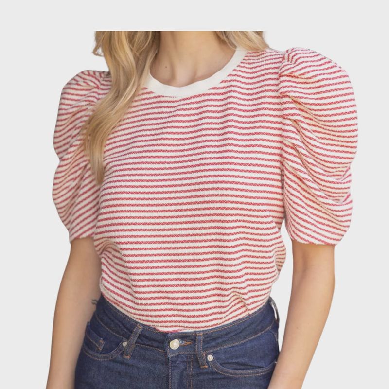 Textured Stripe Knit Pleated Short Sleeve Top – Red