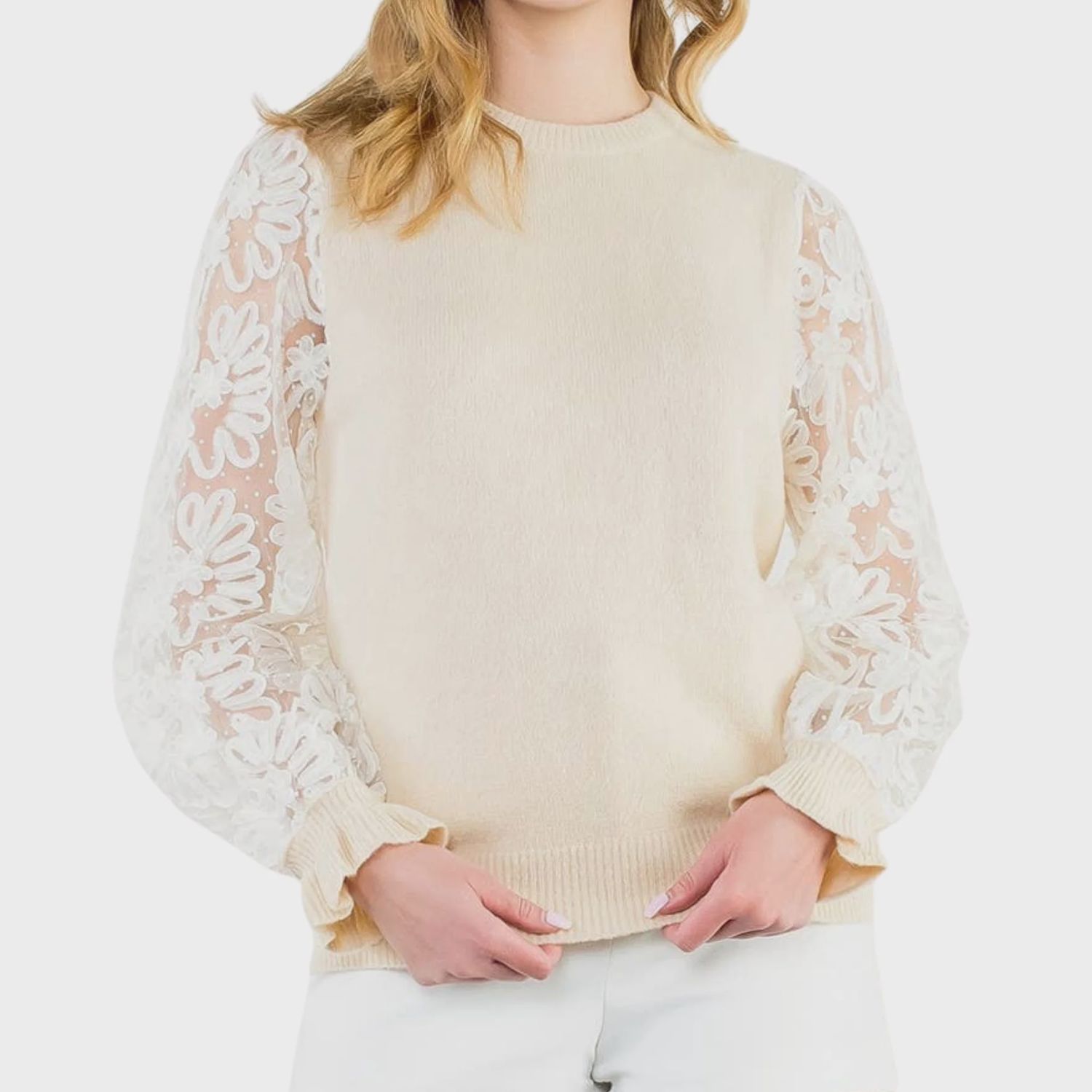 Floral Mesh Sleeve Knit Top: Cream