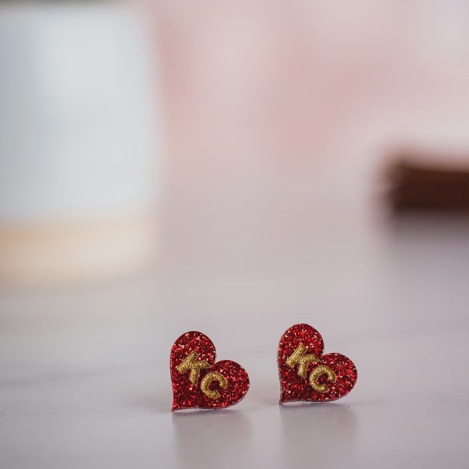 Kansas City Football Hand Painted Red Glitter Kc Heart Studs
