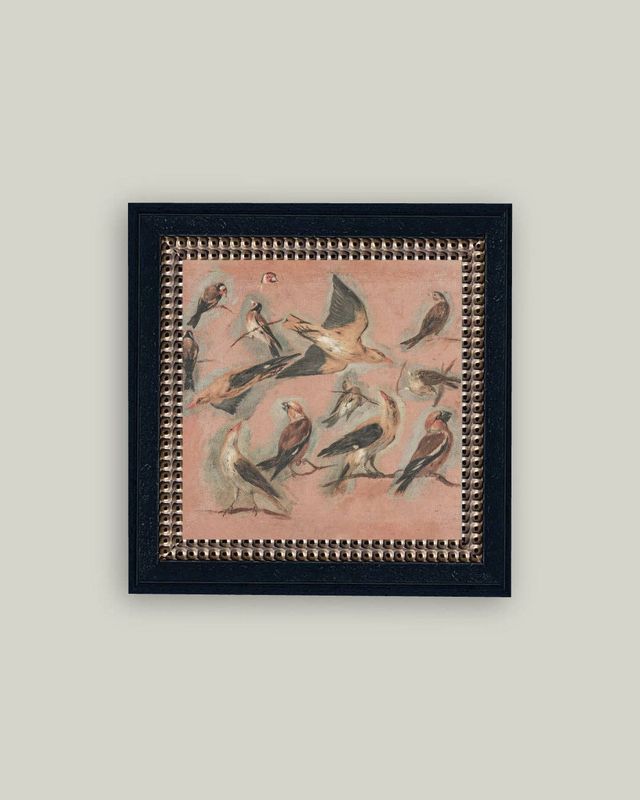 Pink Birds Framed Antique Art: 9x9