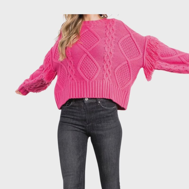 Knit Fringe Sleeve Sweater | Magenta