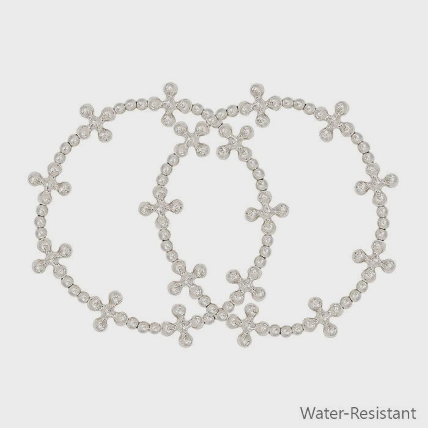 Water Resistant Silver Beaded Cross Shape Stretch Bracelets | Set Of 2