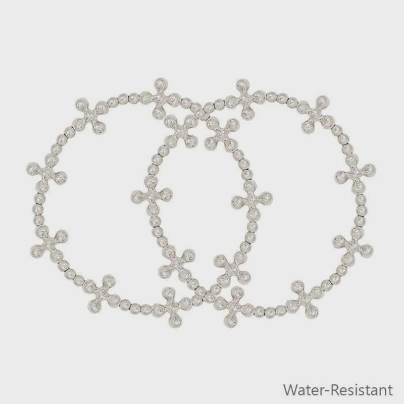 Water Resistant Silver Beaded Cross Shape Stretch Bracelets | Set Of 2