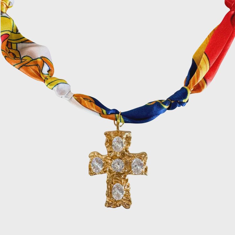 Scarf Bandana Charm Necklaces : Cross- Fire Red Blue Yellow Scarf