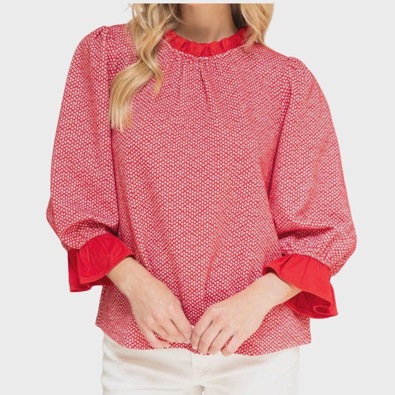 Ruffle Detail Textured and Speckled Knit Top – Red