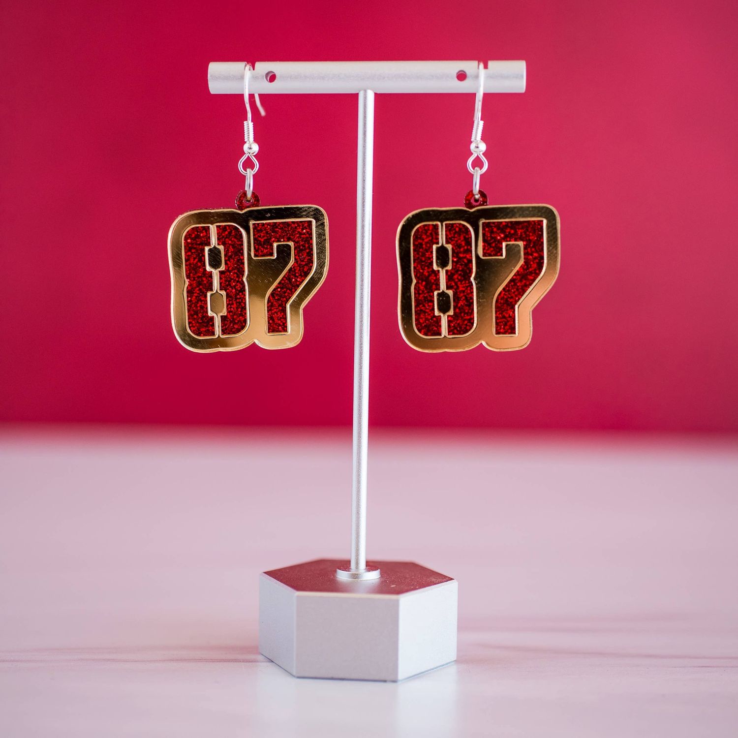Red Glitter &amp; Gold Mirror 87 Dangles KC Football Travis Kelce