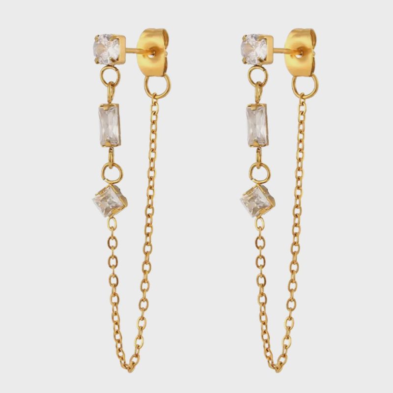 Chain Earring – 3 CZ Station 14K Gold Stainless Steel