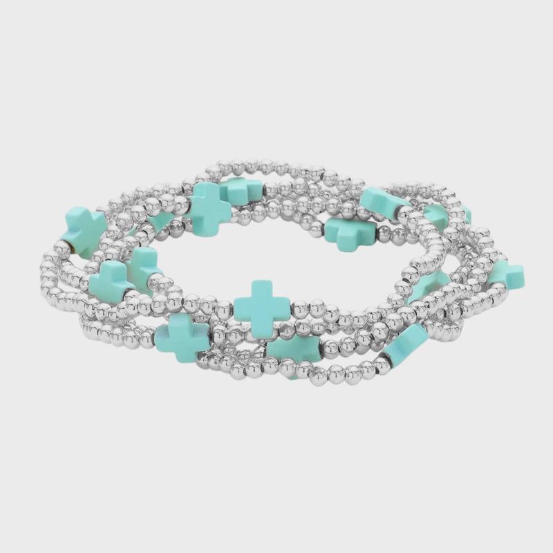 Turquoise Cross &amp; Silver Bead Stretch Bracelets | Set of 5