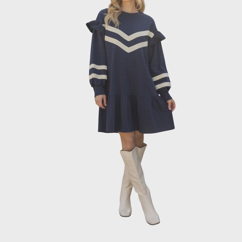 Striped Long Sleeve Tiered Knit Dress | Navy