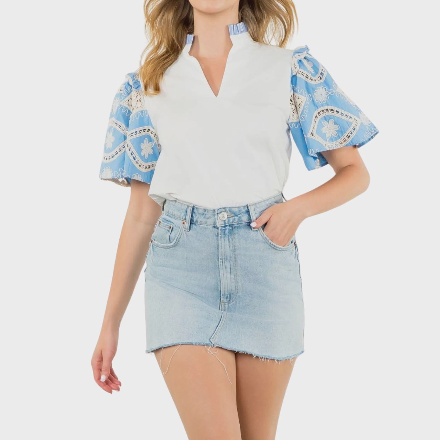The Sky Bloom Embroidered Sleeve Top