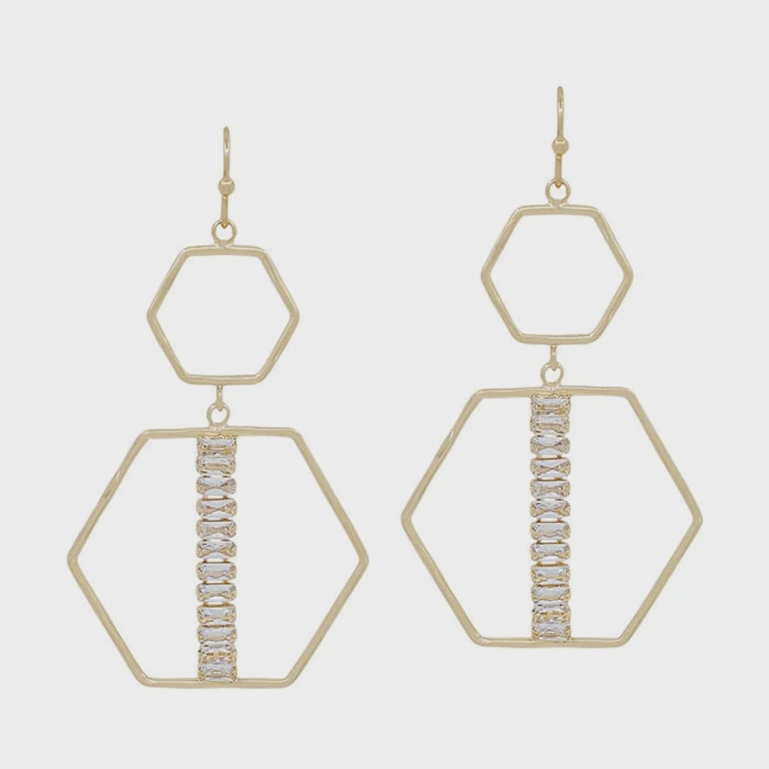 Gold Double Hexagon With Crystal Bar Accent Earrings
