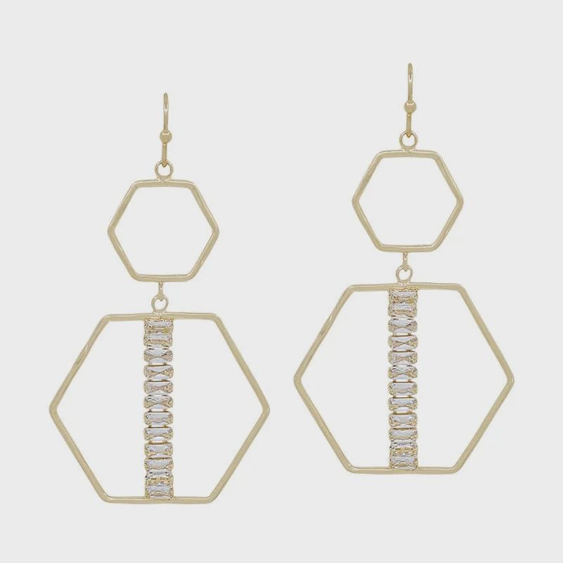 Gold Double Hexagon With Crystal Bar Accent Earrings