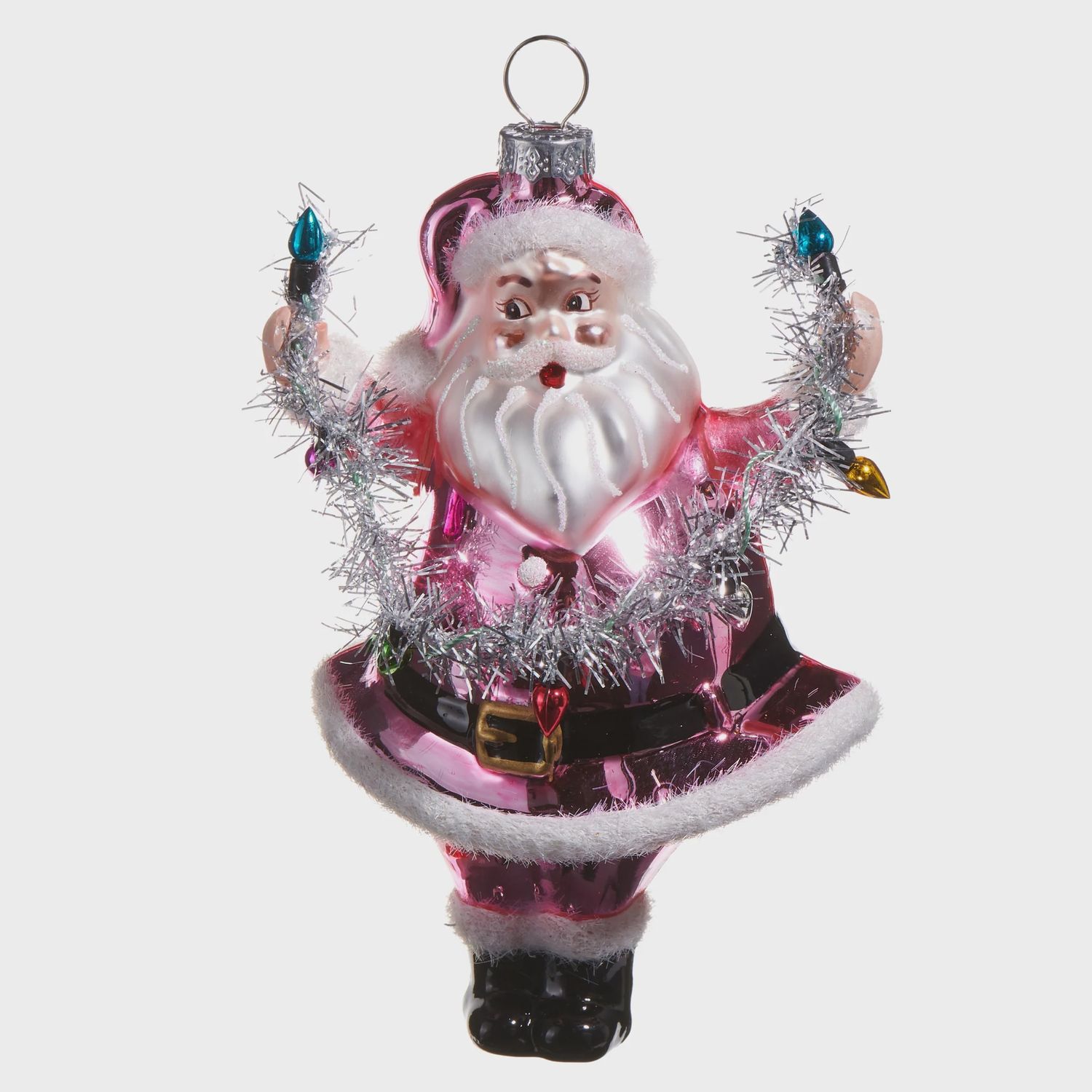 Pink Santa With Christmas Lights Ornament