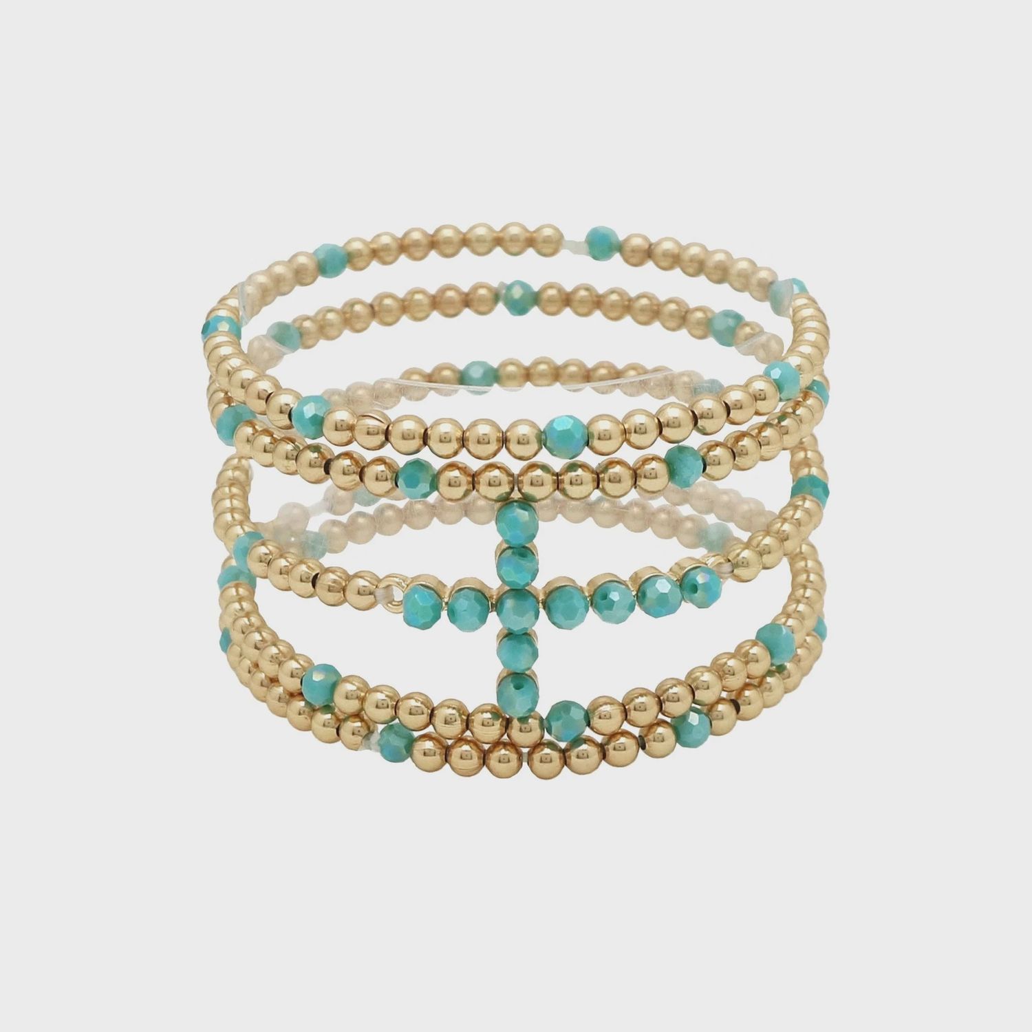Beaded Gold &amp; Turquoise Cross Stretch Bracelets | Set of 5