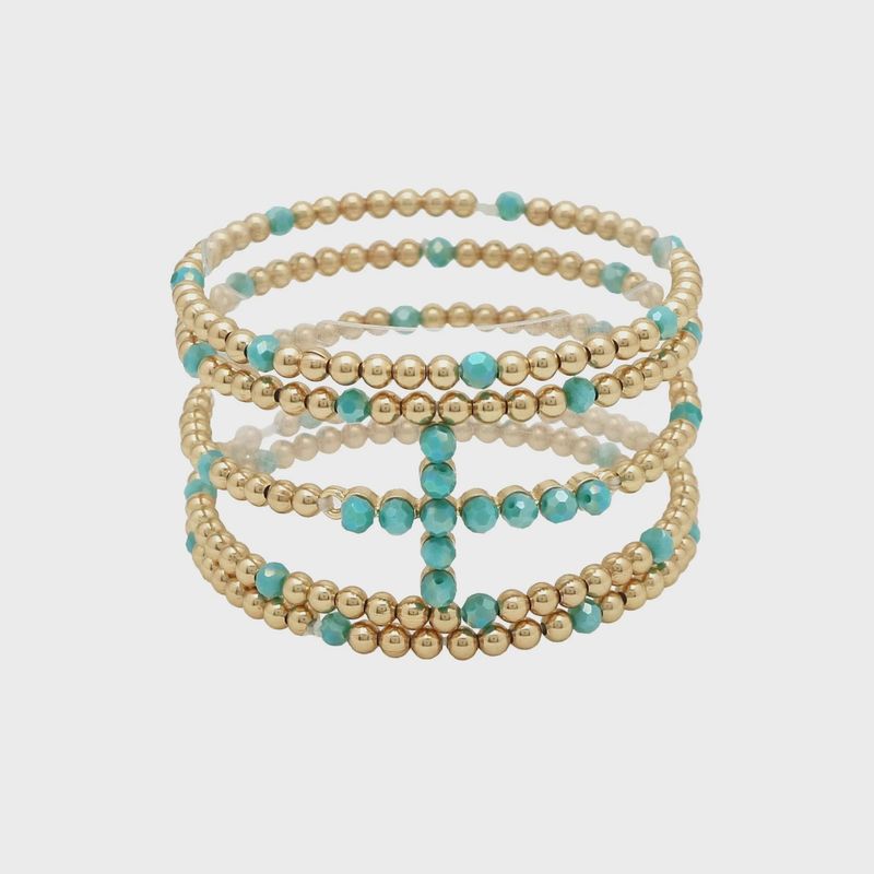 Beaded Gold &amp; Turquoise Cross Stretch Bracelets | Set of 5