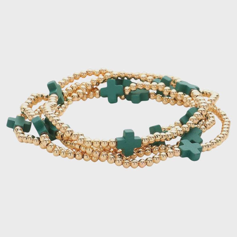 Dark Green Cross &amp; Gold Bead Stretch Bracelets | Set of 5