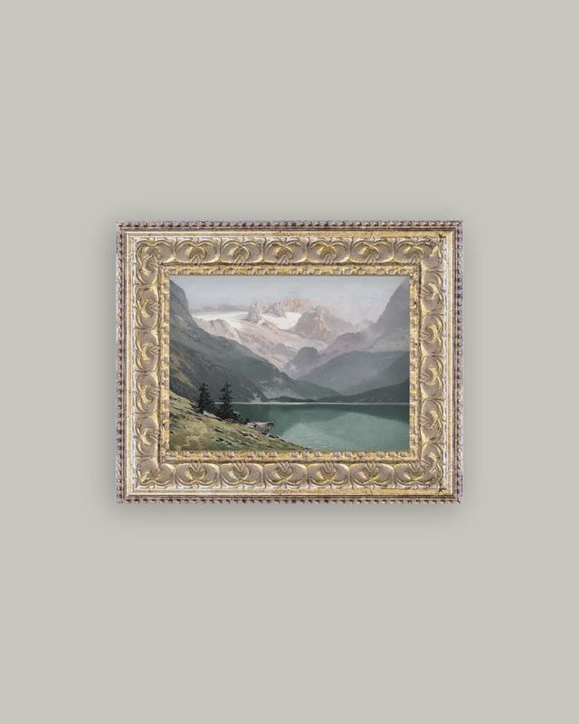 Mountain Lake View Framed Antique Art: 7x5
