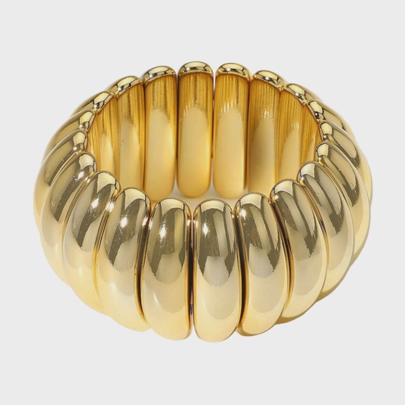 Wide Metal Ribbed Stretch Bracelet | Yellow Gold