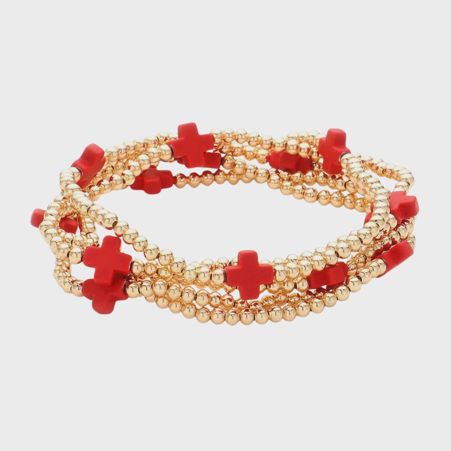 Red Cross &amp; Gold Bead Stretch Bracelets | Set Of 5