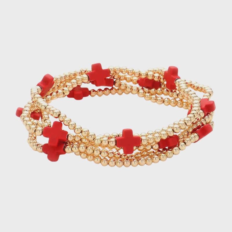 Red Cross &amp; Gold Bead Stretch Bracelets | Set Of 5