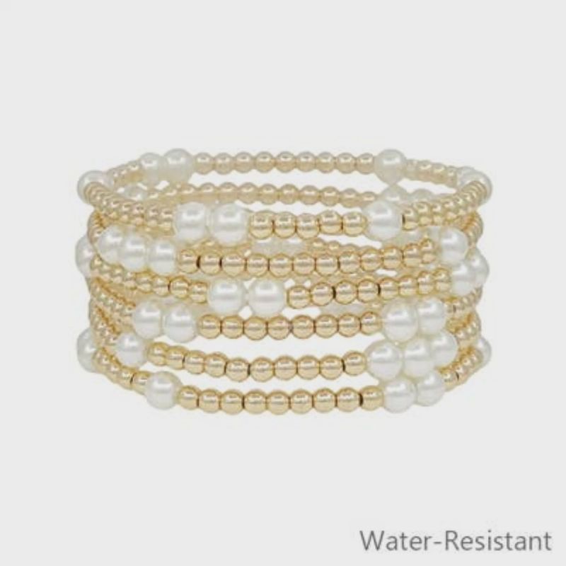 Gold Beaded and Pearl Water Resistant Stretch Bracelets