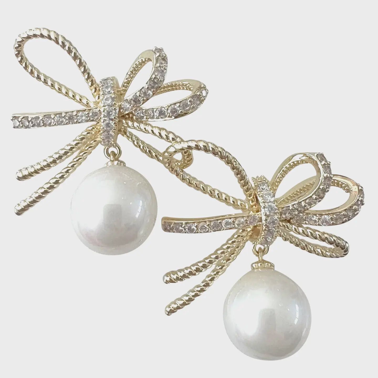 Crystal Bow &amp; Pearl Drop Earrings | Gold