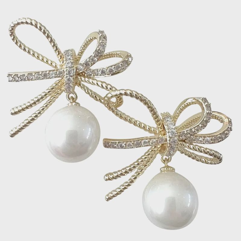 Crystal Bow &amp; Pearl Drop Earrings | Gold