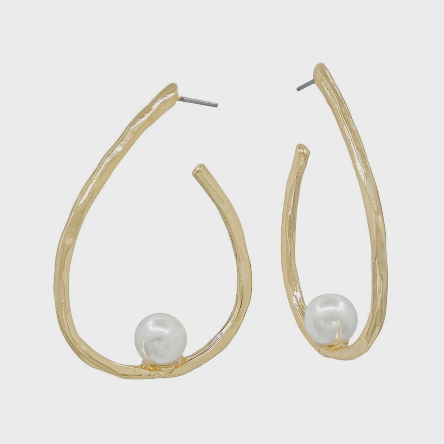 Gold Hammered Teardrop with Pearl Hoop Earrings