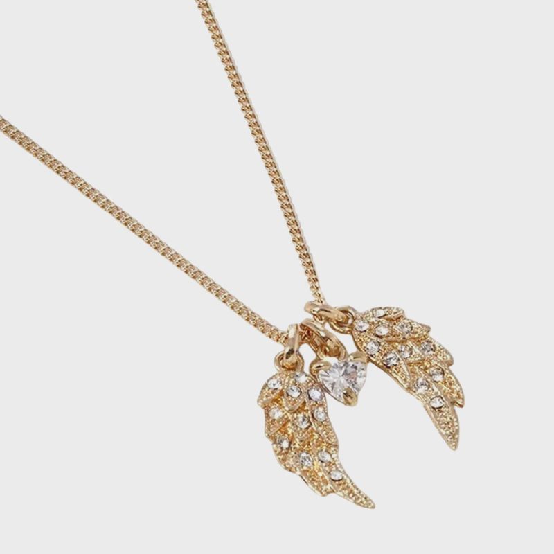 Crystal Wing Heart Bead Pendant Necklace | Gold
