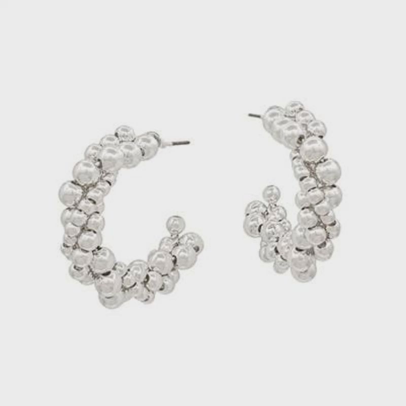 Silver Beaded Twist Design Hoop Earrings