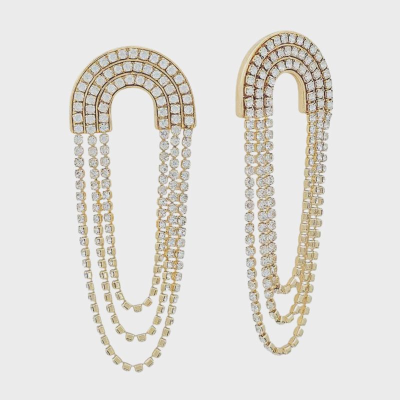Gold Rhinestone Tennis Chain Layered Drop Earrings