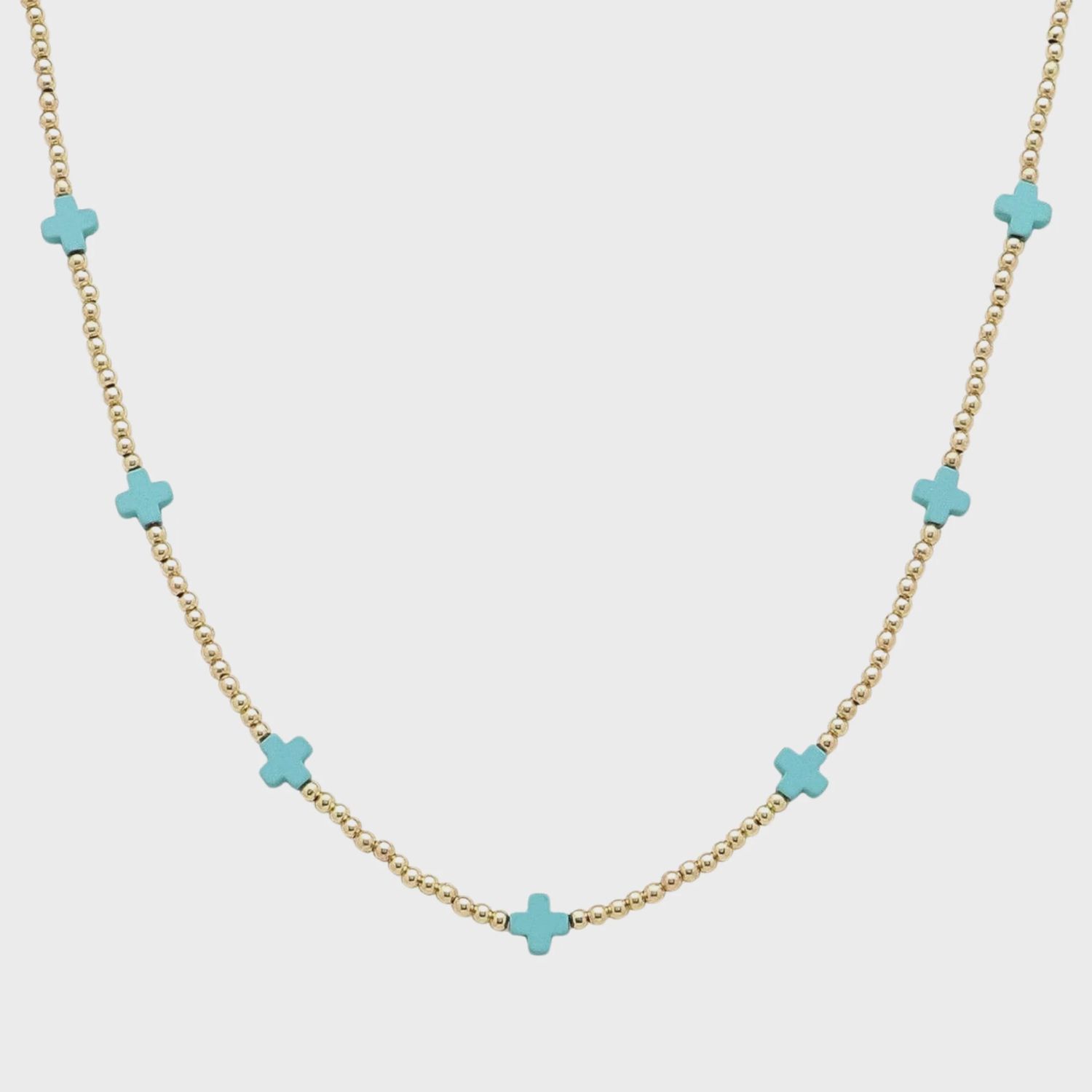 Gold Beaded With Turquoise Cross Necklace | 16-18&quot;