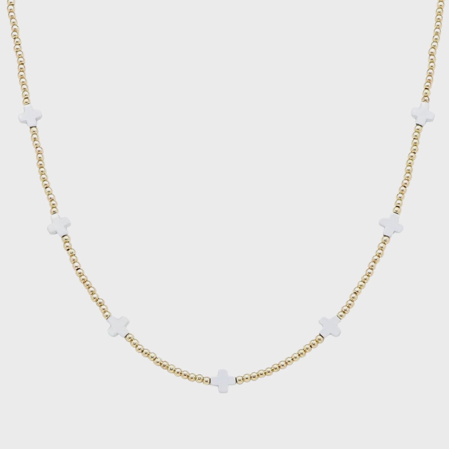 Gold Beaded With White Cross Necklace | 16-18&quot;