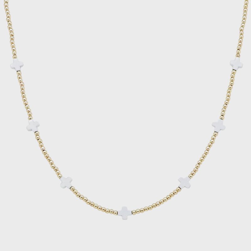 Gold Beaded With White Cross Necklace | 16-18"