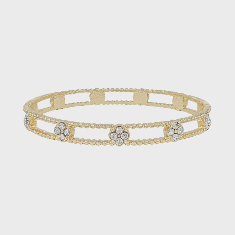 Gold Textured Bangle With Rhinestone Clover Accents