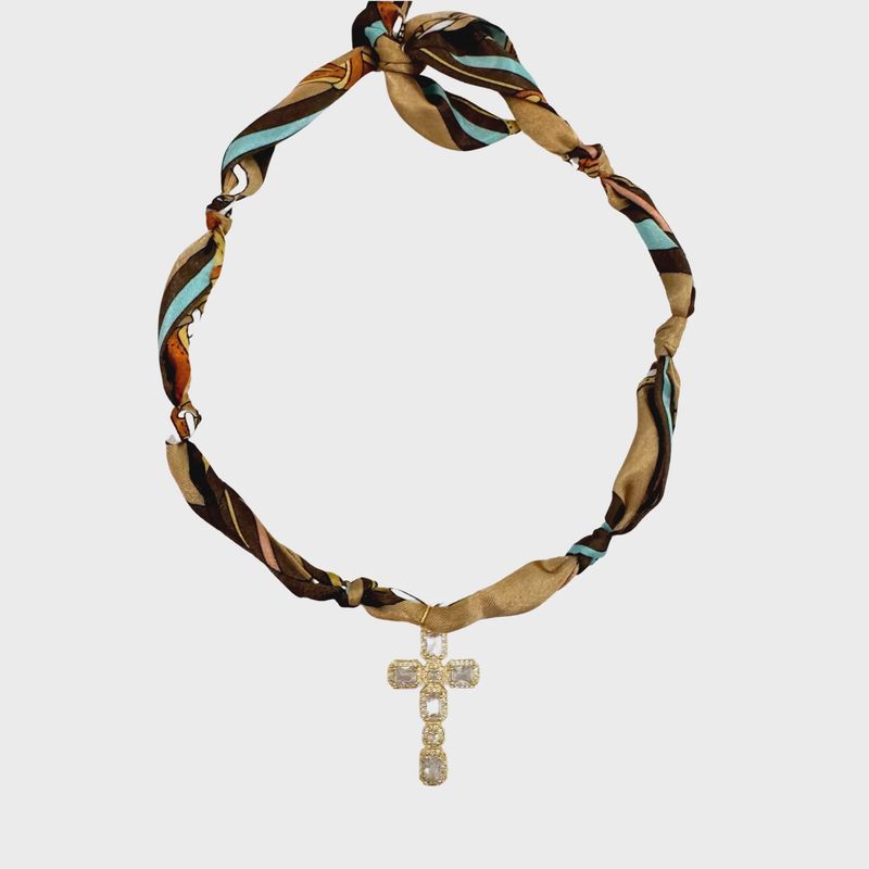 Scarf Bandana Charm Necklace | CZ Cross – Brown Scarf
