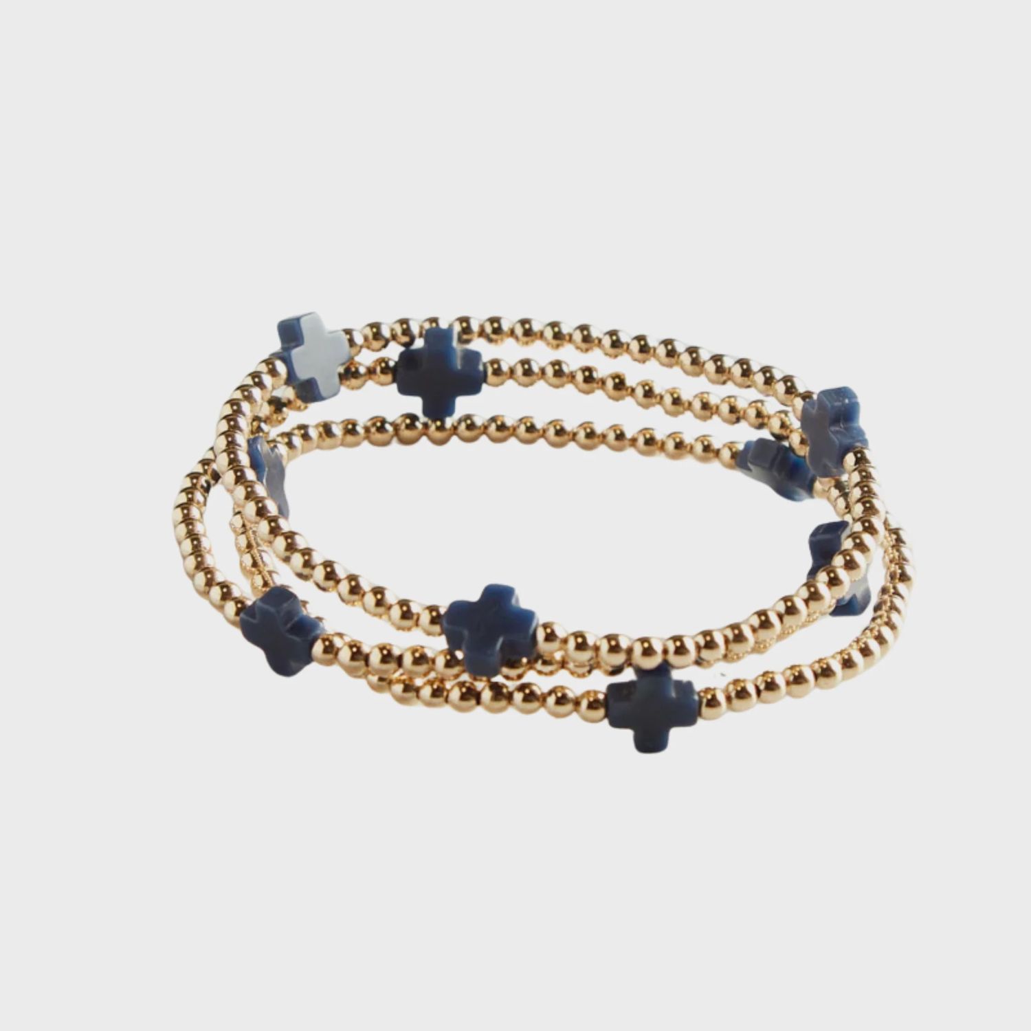Water Resistant Gold Beaded With Navy Cross Stretch Bracelets | Set Of 3