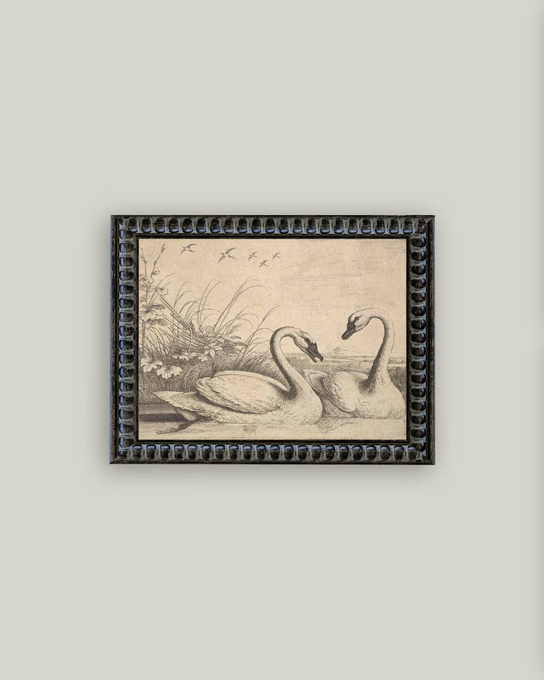 Two Swans Framed Antique Art: 10x8