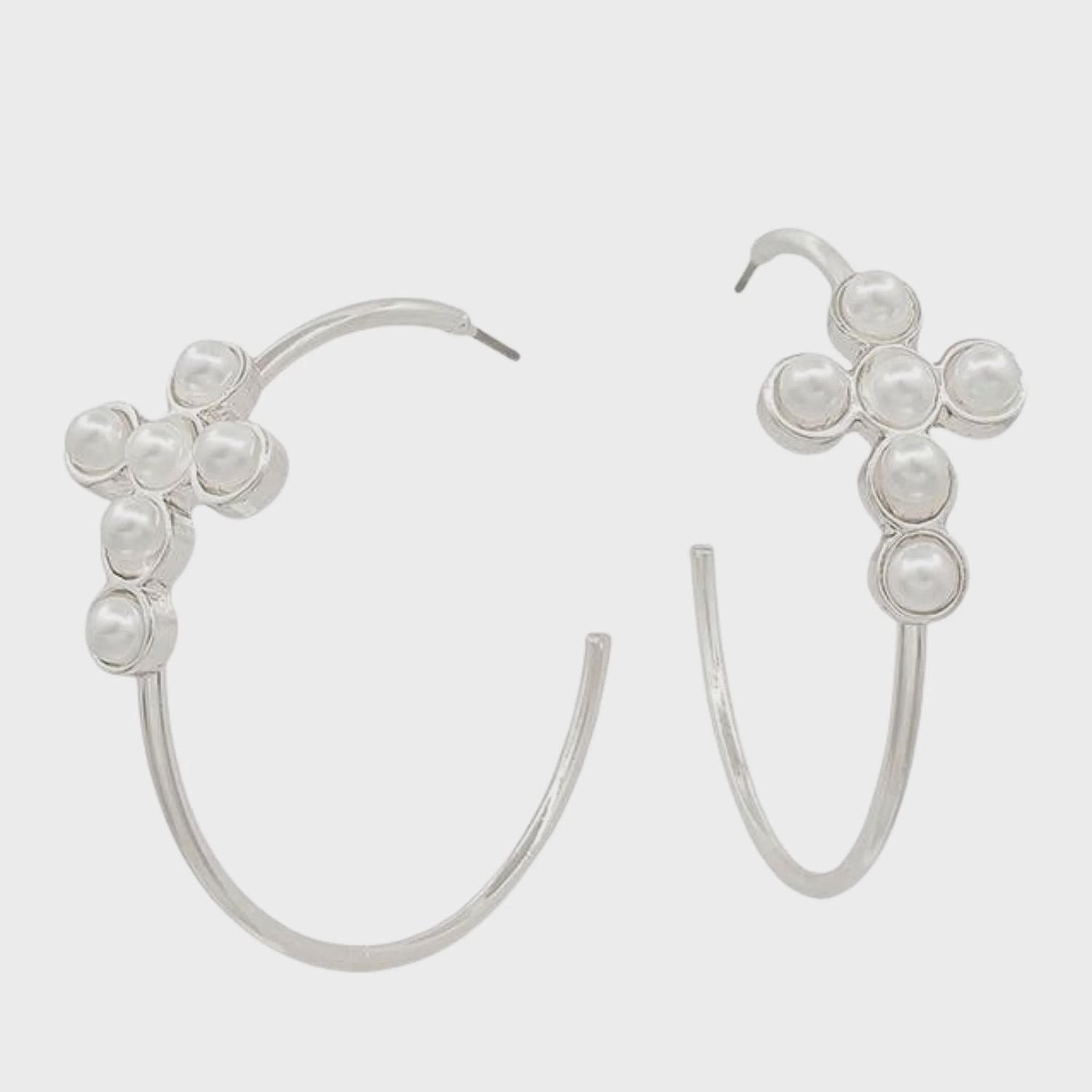 Water Resistant Silver Hoops With Pearl Beaded Cross